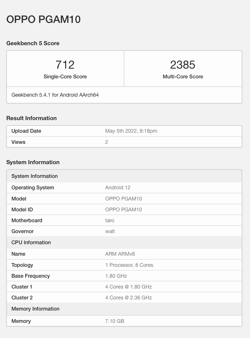 Oppo Reno 8 Spotted on Geekbench